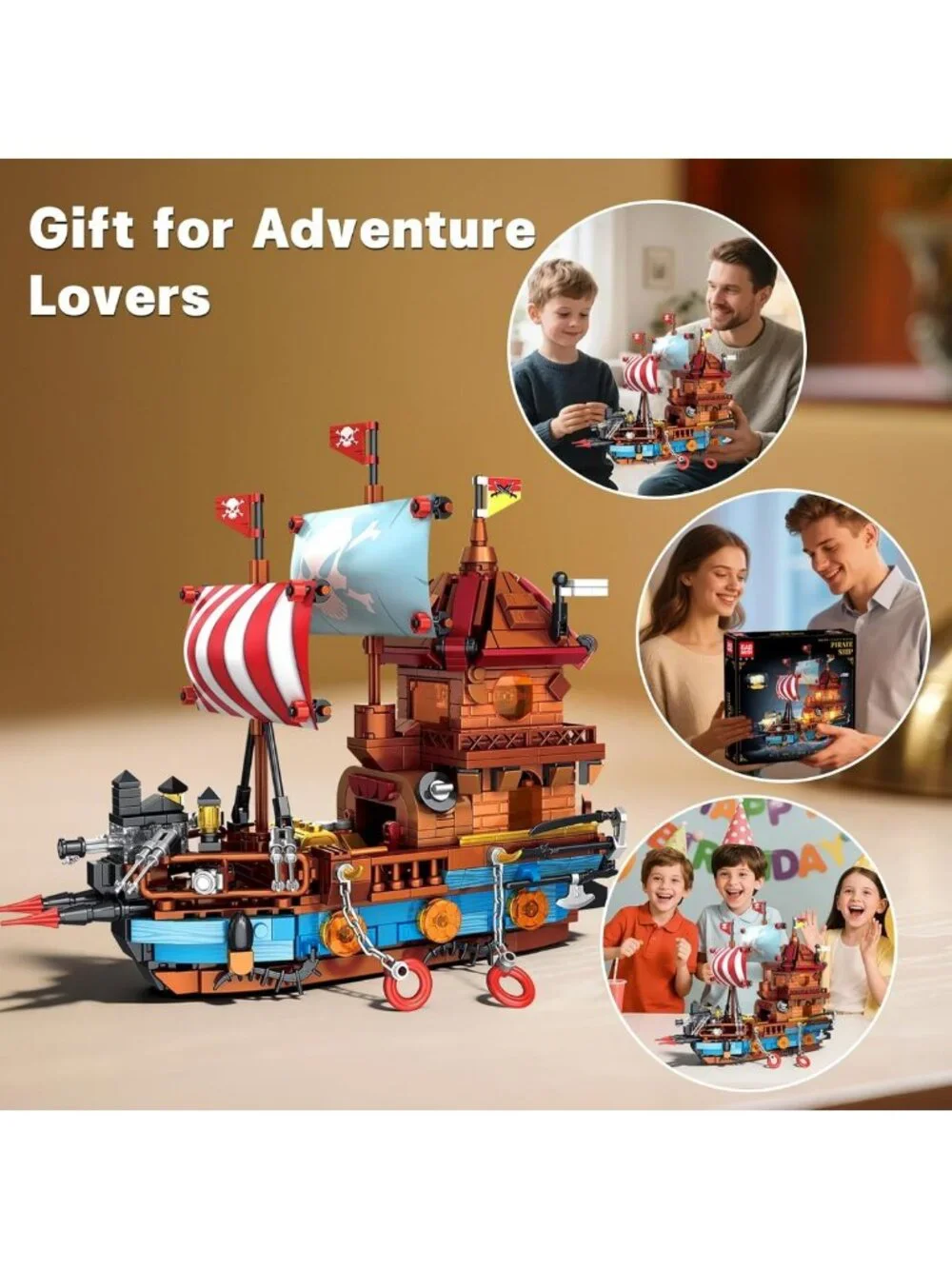 LED Lighted Pirate Ship Building Kit - 916PCS Blocks Set with Treasure Chest